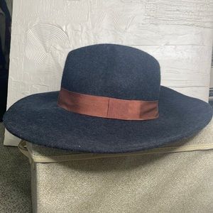 Navy Blue Floppy Wide Brim Hat with Brown Crown Detail